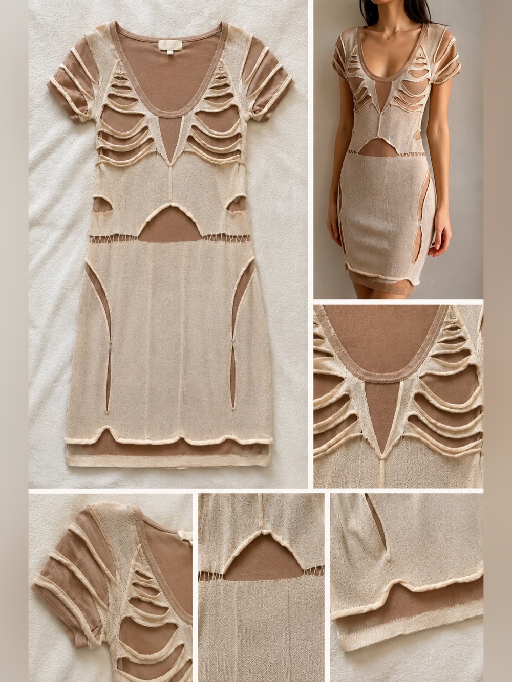 Rare Archival Zac Posen Deconstructed Nude Illusion Knit Dress Y2K - Sz L